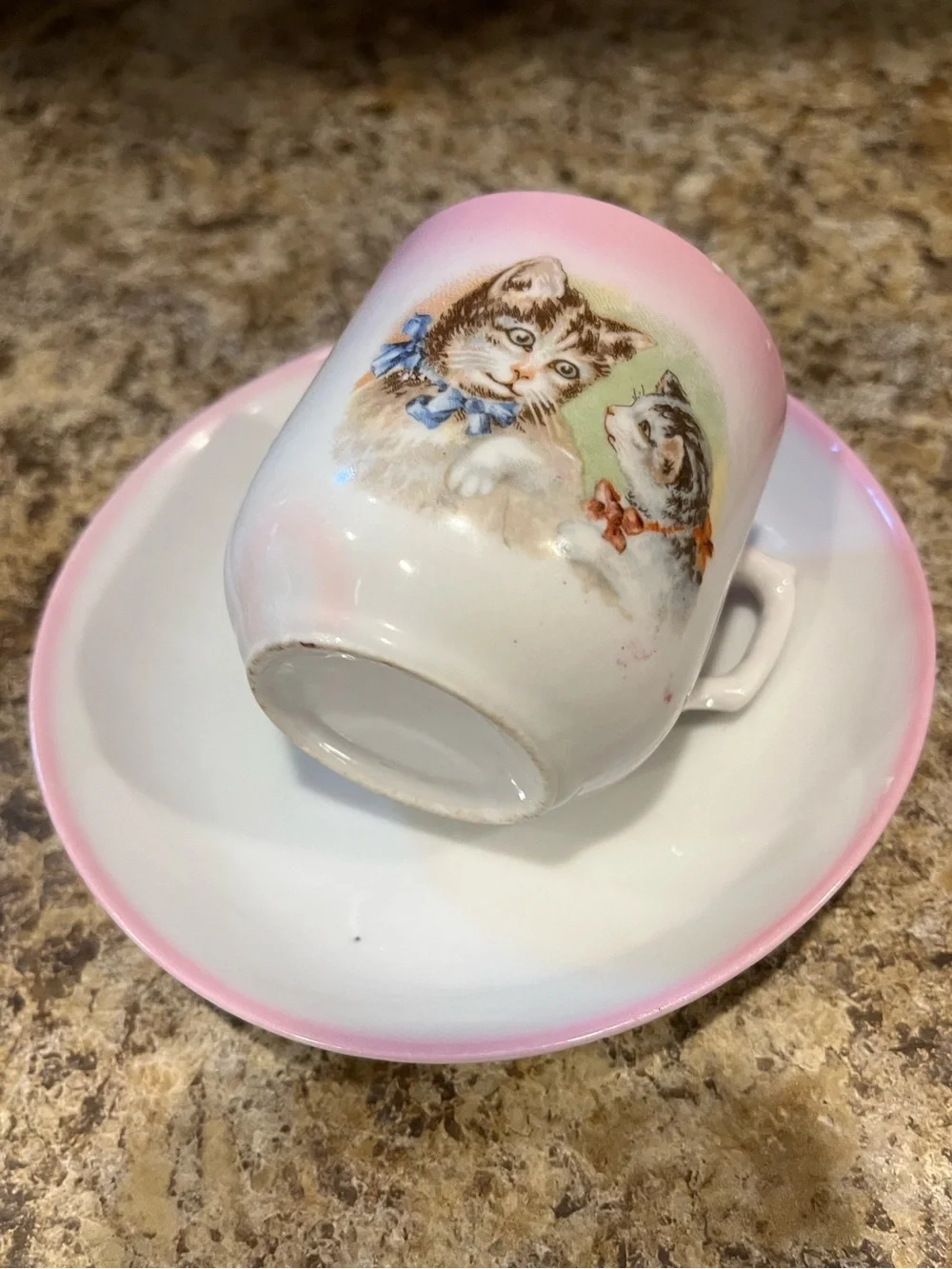 Vintage Pink Cat Demitasse Cup and Saucer Tabby Cats with Bows